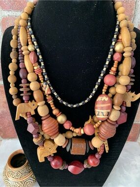 African Wood Beaded Safari Necklace Set of Five (5)